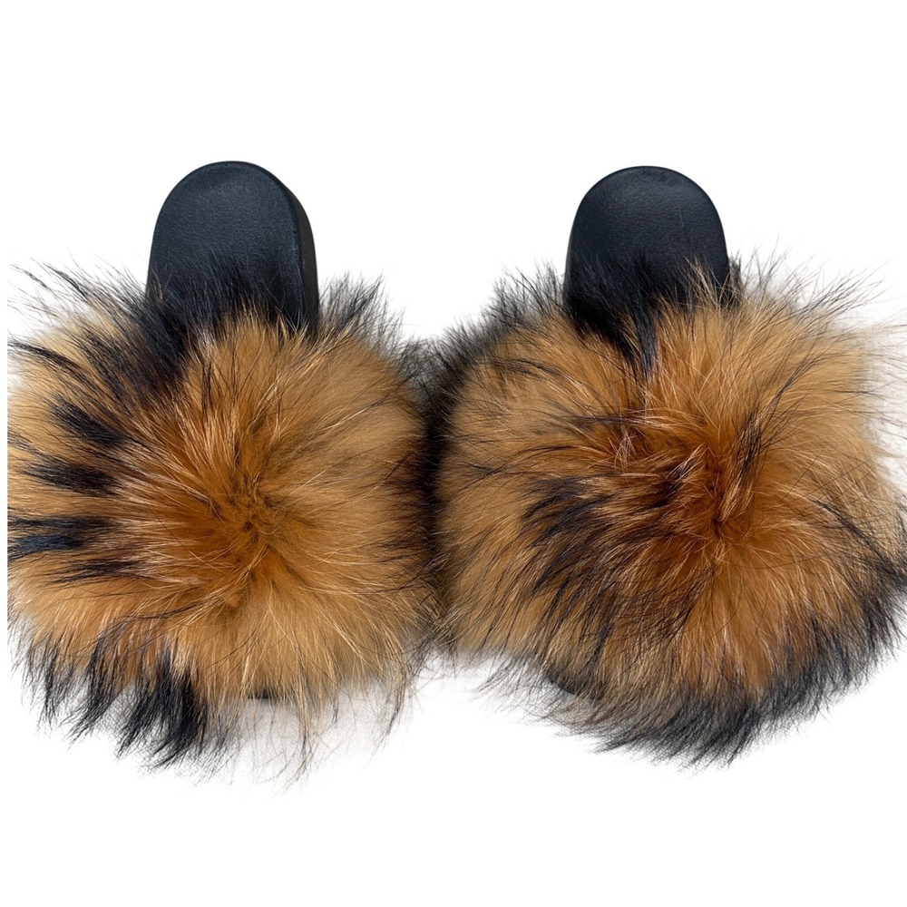 Fox fur slides Furry Fluffy Cozy Warm Sandals Tan‎ Black mobwife